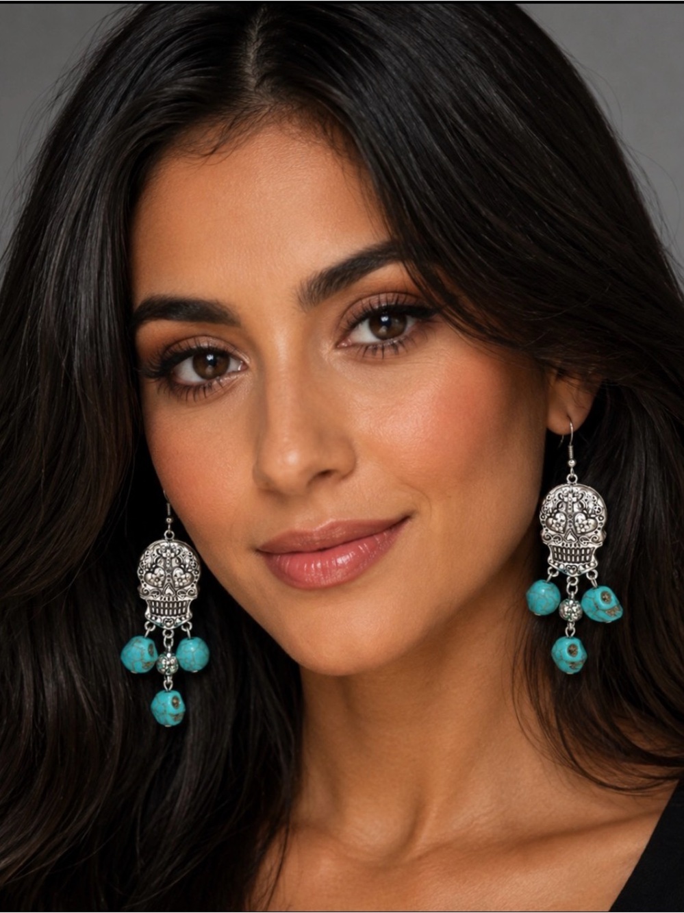 Turquoise Bead Silver Skull Dangle Earrings - Women Jewelry